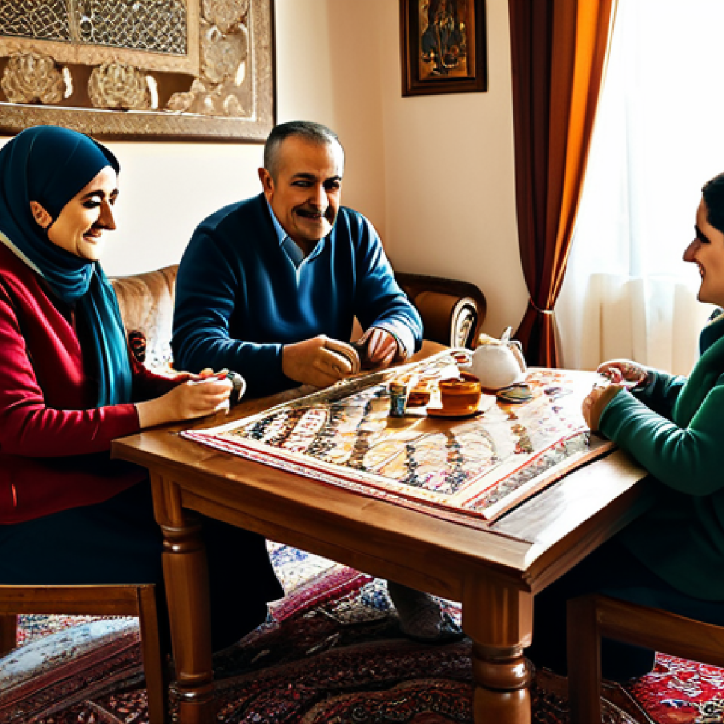 아이의 환경 적응력 키우기 - **
"A warm scene of a Turkish family gathered around a table, fully clothed, playing a traditional ...