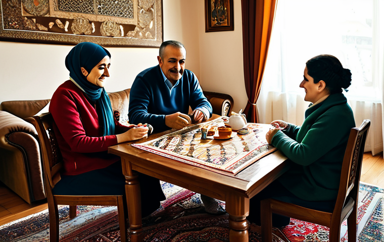 아이의 환경 적응력 키우기 - **
"A warm scene of a Turkish family gathered around a table, fully clothed, playing a traditional ...