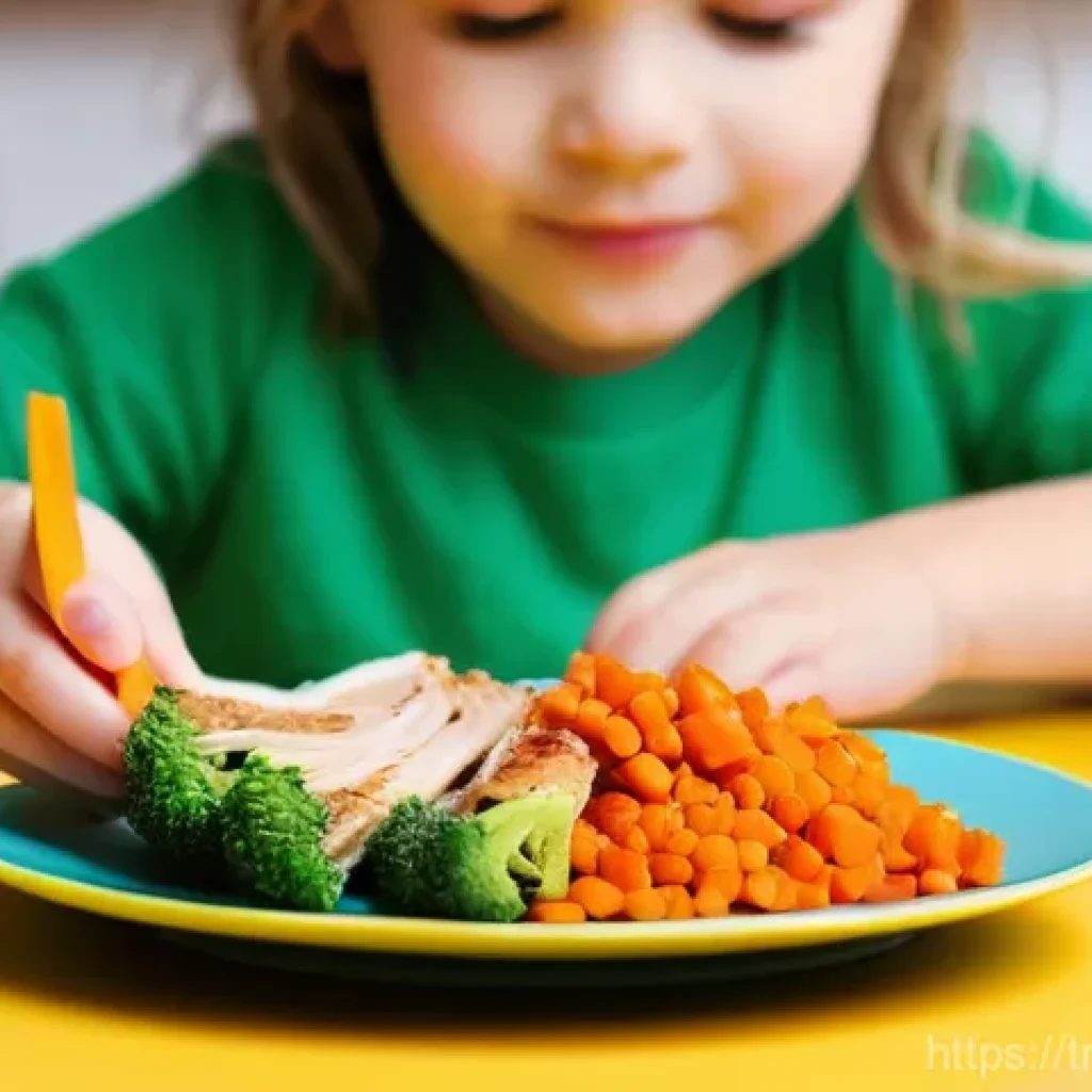 아이의 식습관 형성 지도 - A close-up, vibrant and appetizing shot of a child's meal on a colorful plate, resembling a painter'...
