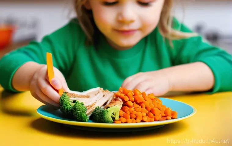 아이의 식습관 형성 지도 - A close-up, vibrant and appetizing shot of a child's meal on a colorful plate, resembling a painter'...