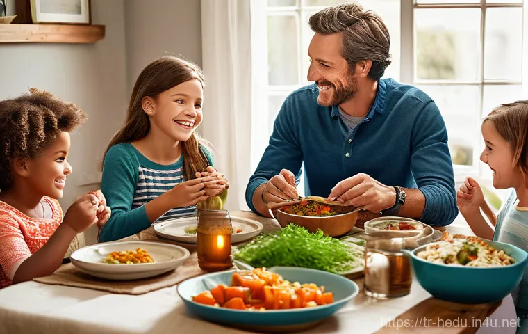 아이의 식습관 형성 지도 - A happy, bright scene depicting a family (mother, father, and two children aged approximately 5 and ... 아이의 식습관 형성 지도 - A happy, bright scene depicting a family (mother, father, and two children aged approximately 5 and ...
