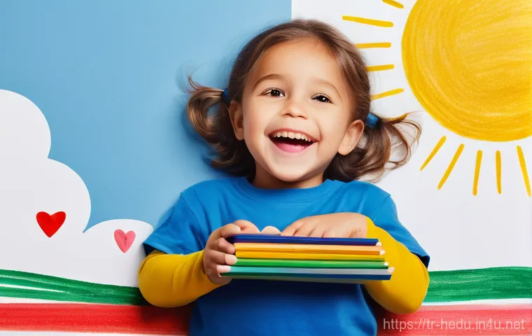 아이와 함께하는 감정일기 쓰기 - **A young child's vibrant emotion journal revealing their inner world.**
A bright, close-up shot...