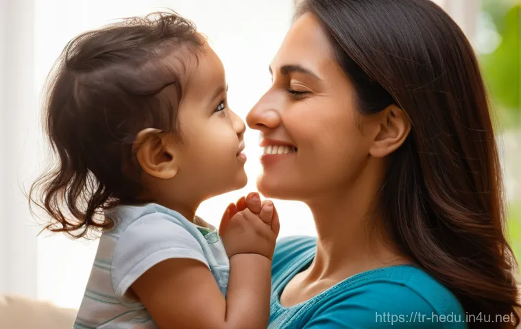 부모의 감정 표현 방식 - **Emotional Connection and Non-Verbal Cues:**
"A heartwarming, softly lit portrait of a mother g...