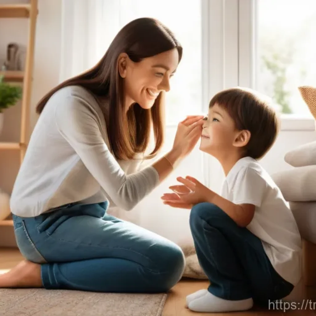 훈육과 체벌의 차이 - A heartwarming, highly detailed realistic photograph capturing a tender moment between a parent and ...