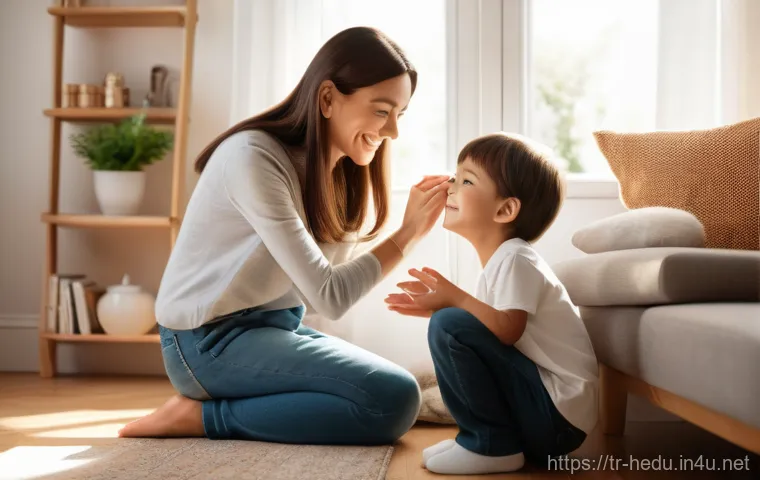 훈육과 체벌의 차이 - A heartwarming, highly detailed realistic photograph capturing a tender moment between a parent and ...