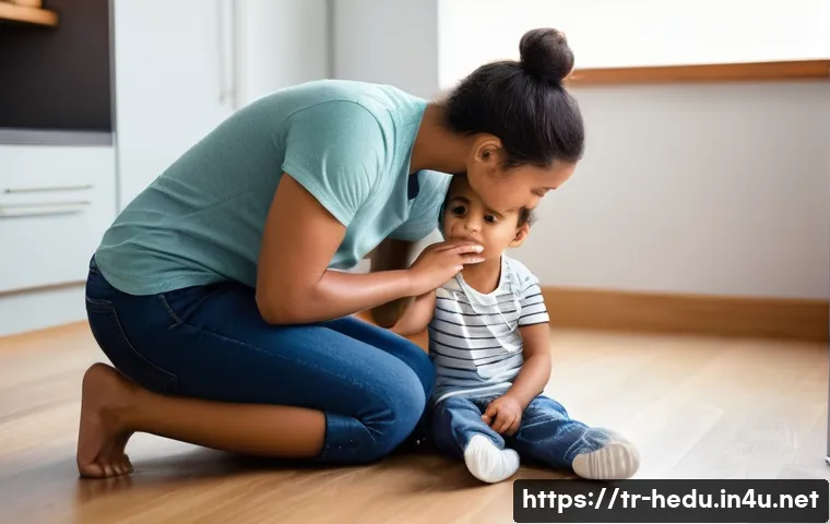 감정 코칭과 공감 훈육 - **Prompt:** A heartwarming scene capturing a parent and their young child (around 4-6 years old) in ...