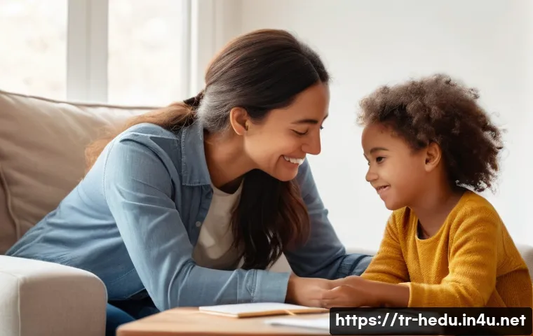 자녀가 존경하는 부모 되기 - **Prompt:** A cozy, warmly lit living room scene. A gentle, kind-faced parent (gender-neutral, weari...